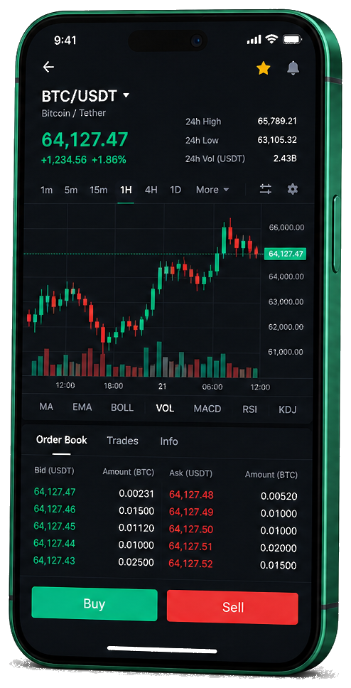 Pulsar Vexline app on mobile — real-time BTC/USDT charts, order book, and trading tools